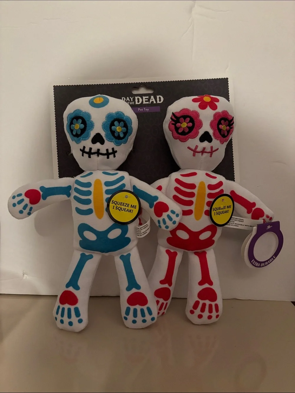 Day of the Dead Squeak Plush Skeleton Toys - Blue & Pink